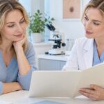Пациентка и дерматолог обсуждают результаты исследования ткани в светлом кабинете